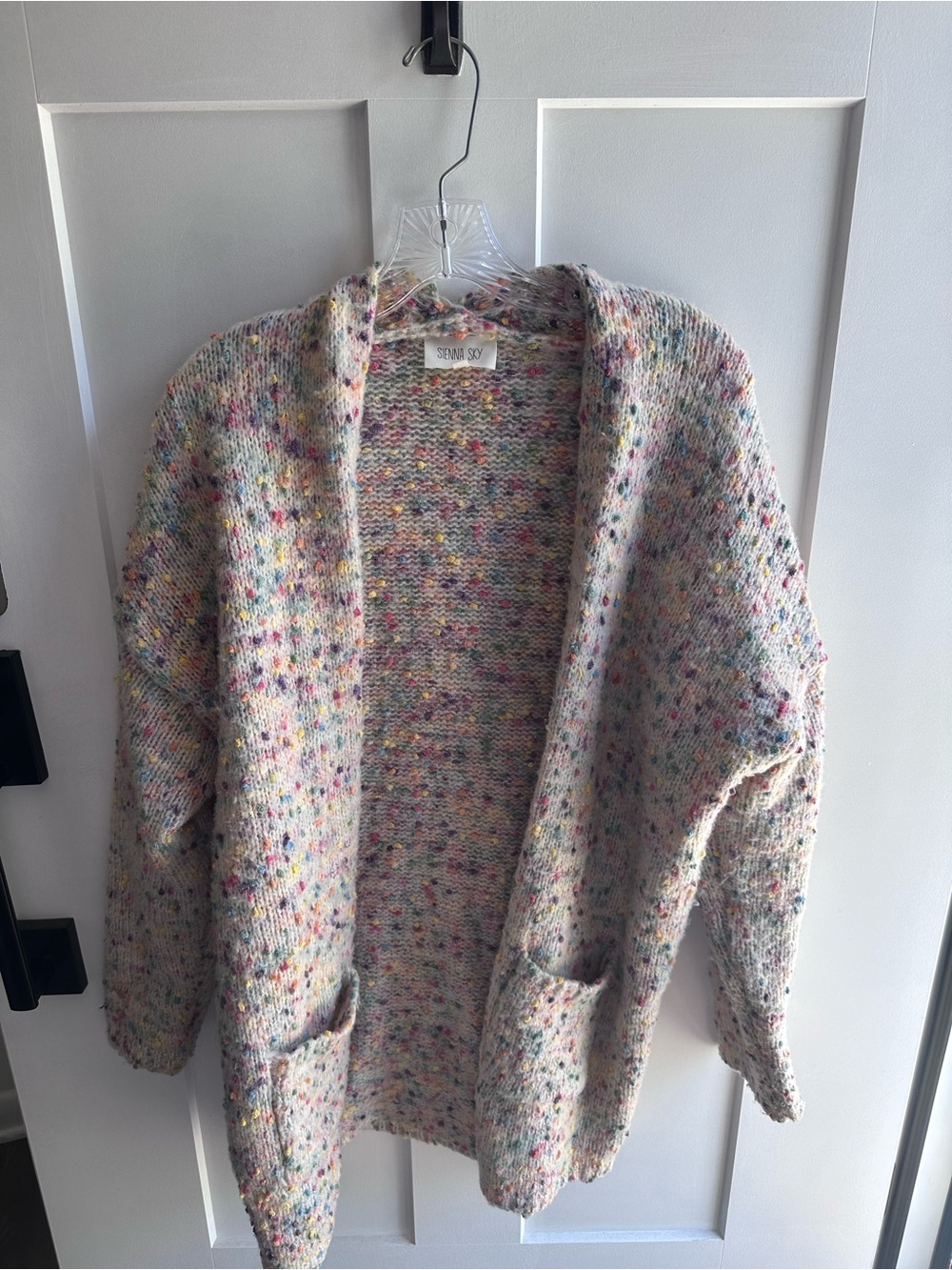 Sienna Sky Cream Multicolor Speckled Open Front Cardigan. A bit oversized